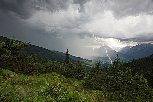 雷暴,闪电,上方,山峦,北方,提洛尔,奥地利,欧洲
