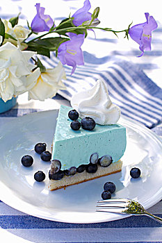 切片,蓝莓,慕斯,点心,桌上,蓝色,白色