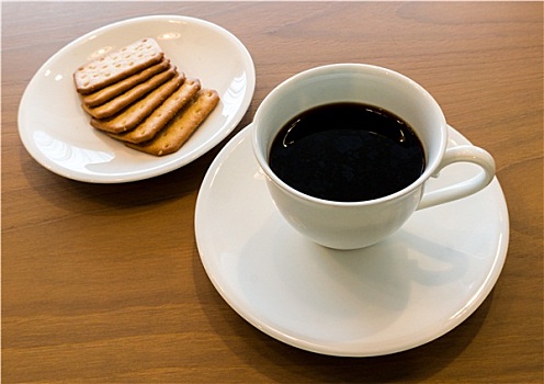 软,专注,黑色背景,咖啡杯,饼干,白色背景,盘子