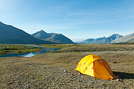 探险,帐蓬,北极,苔原,露营,风,河,后面,育空地区,加拿大