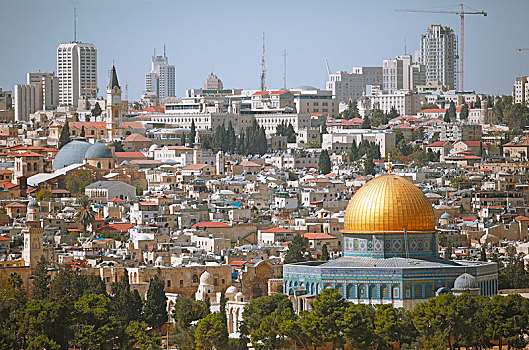 圆顶清真寺,寺庙,老城,后面,天际线,耶路撒冷,以色列,亚洲