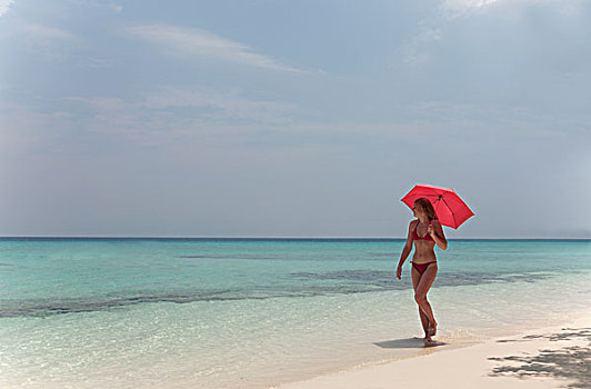 女人,走,伞,海滩