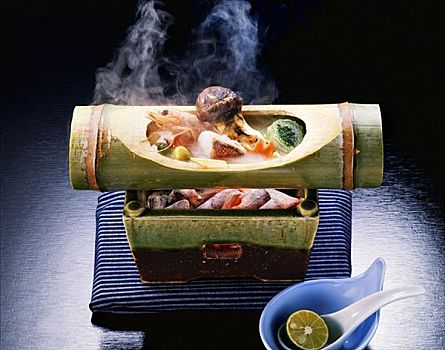 亚洲,鱼肉,素菜,蘑菇,烧烤