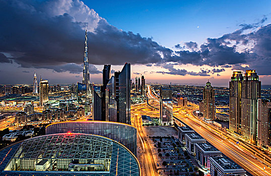 城市,光亮,摩天大楼,迪拜,阿联酋,黄昏
