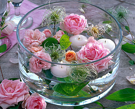 粉花,玫瑰,铁线莲,白色,浮水蜡烛