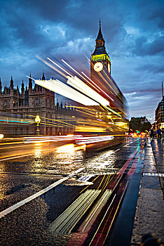痕迹,亮光,双层巴士,晚上,威斯敏斯特桥,威斯敏斯特宫,议会大厦,大本钟,威斯敏斯特,伦敦,英格兰,英国