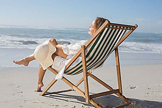 女人,放松,折叠躺椅,海洋