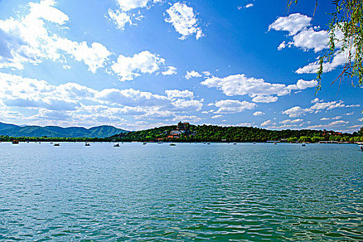 颐和园的昆明湖上游船点点和远处的万寿山佛香阁