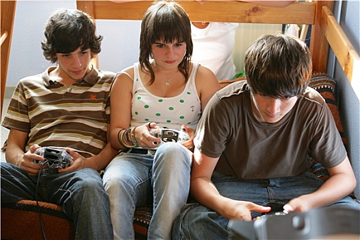 头像,年轻,男孩,女孩,坐,玩,电子游戏