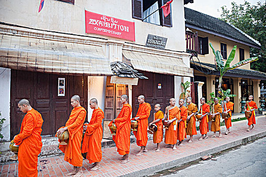 老挝,琅勃拉邦,僧侣,收集,施舍