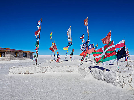 各国国旗,酒店,普拉亚布兰卡,盐湖,乌尤尼盐沼,省,波托西地区,玻利维亚,南美