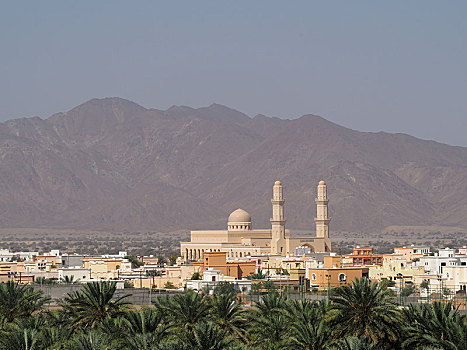清真寺,尖塔,棕榈树,绿洲,背影,哈迦,山,阿曼,亚洲