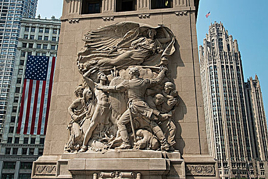雕塑,墙壁,摩天大楼,背景,蓝天,芝加哥,伊利诺斯,美国