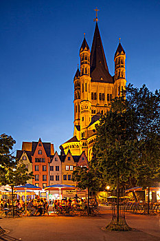房子,汉堡鱼市,教堂,黄昏,科隆,北莱茵威斯特伐利亚,德国,欧洲