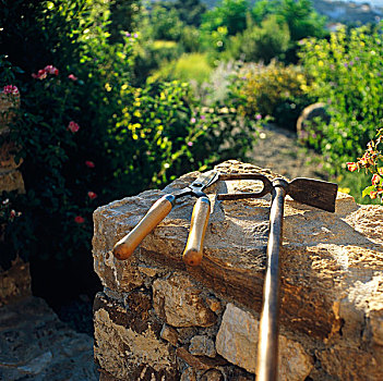 大剪刀,锄,休息,石墙,希腊,花园
