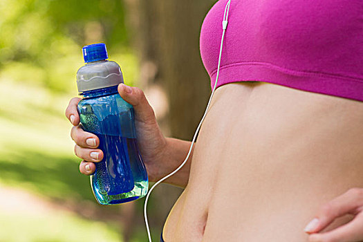腰部,健康,女人,运动文胸,水瓶,公园