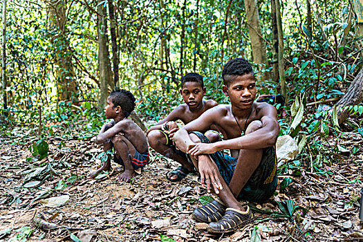 三个男孩,部落,坐,地面,丛林,地方特色,热带雨林,国家公园,马来西亚,亚洲