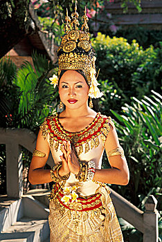 柬埔寨,女人,传统舞蹈,服饰,站立,台阶,收获