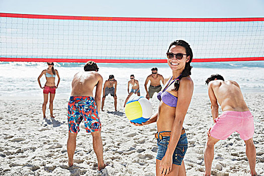 女人,微笑,头像,玩,沙滩排球,朋友