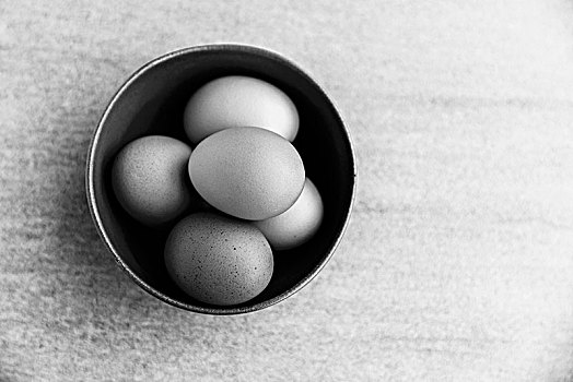 陶瓷,碗,满,有机,柴鸡蛋,黑白照片
