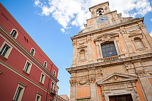 教堂,挂钟,老,红房,建筑,意大利