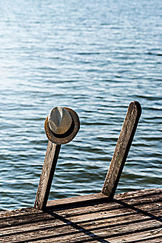 巴拿马草帽,悬挂,木头,码头,靠近,湖