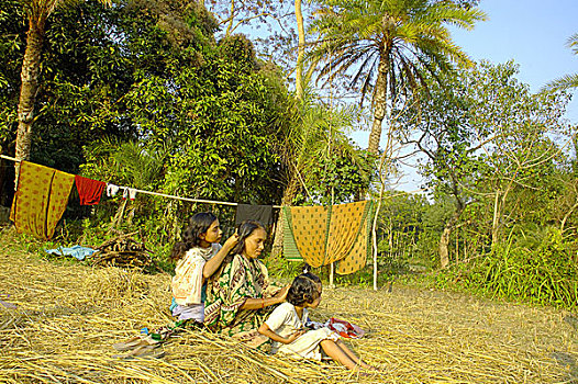 乡村,母女,虱子,头发,冬天,下午,孟加拉,一月,2006年