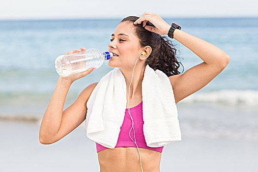 漂亮,健身,女人,饮用水,海滩