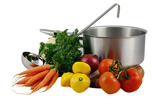 新鲜,汤,蔬菜,炖锅,长柄勺,隔绝,白色背景