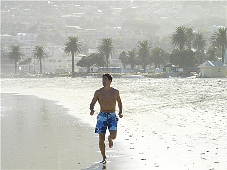 南非,开普敦,男人,泳裤,慢跑,沙滩