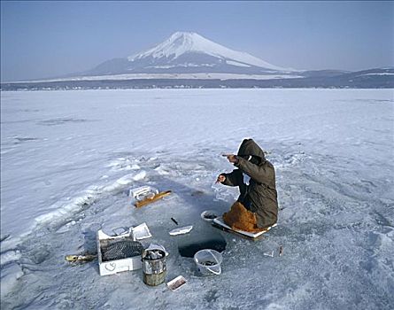 冰冻,湖,捕鱼者,富士山,本州,日本
