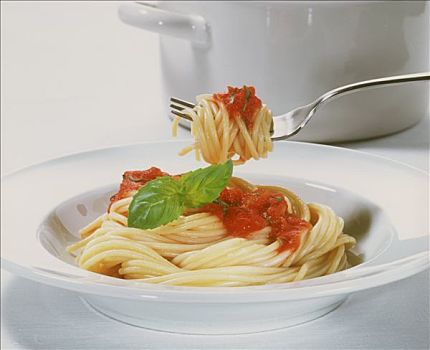 意大利面,西红柿,罗勒,叉子,盘子