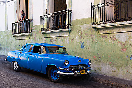 蓝色,老爷车,街道,住房,老城,古巴圣地亚哥,古巴,共和国,大安的列斯群岛,加勒比