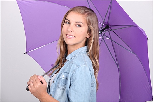 少女,拿着,紫色,伞
