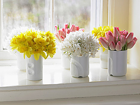 漂亮,春花,花束,窗,窗台