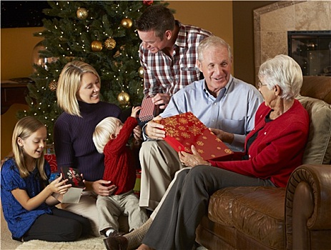 家庭,打开,圣诞礼物,正面,树