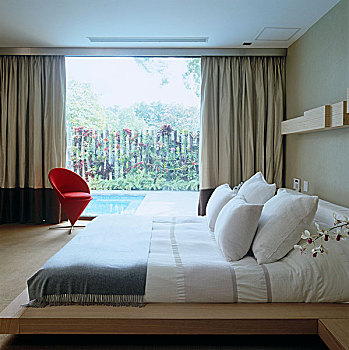 现代,双人床,红色,椅子,正面,窗
