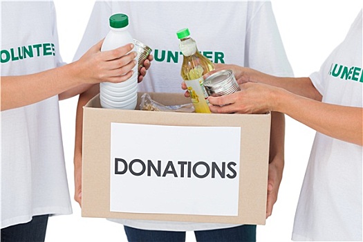 群体,志愿者,放,食物,捐赠,盒子,白色背景,背景
