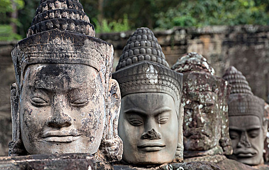 脸,神,雕塑,栏杆,南方,大门,堤道,吴哥窟,柬埔寨,亚洲