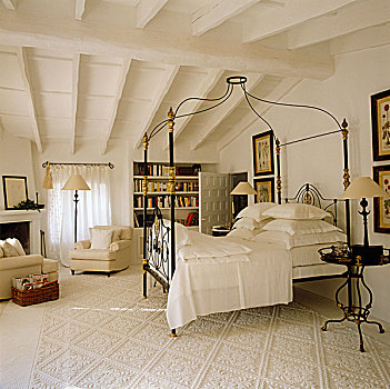 老式,熟铁,天篷床,白色,卧室