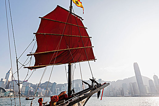 中国,香港,帆船,城市天际线