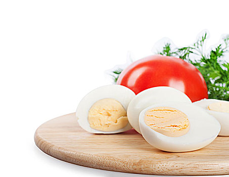 熟食,母鸡,蛋,绿色,时萝,西红柿,白色背景