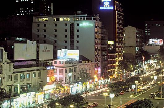 越南,城市,夜晚,色调,街道,俯视图,建筑,酒店