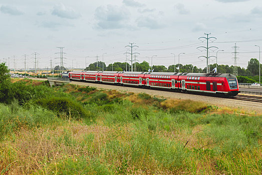 红色,以色列,客运列车,动态,室外,城市,靠近,公路