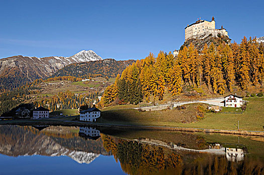 城堡,湖,正面,秋天,靠近,恩格达恩,瑞士,欧洲