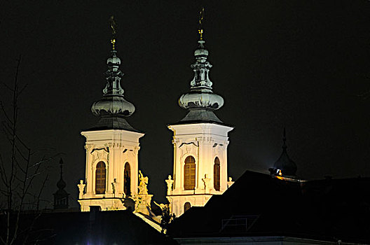 塔,教会在晚上,格拉茨,奥地利