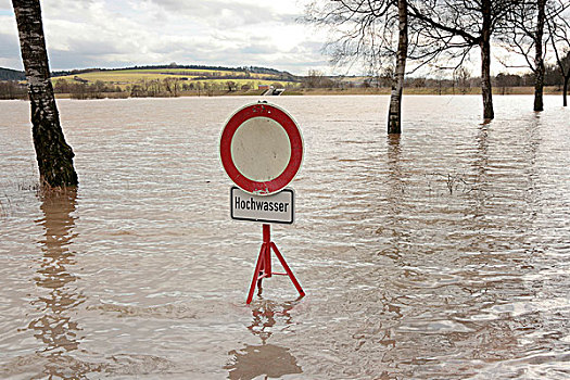 洪水,标识,道路,交通工具,黑森州,德国,欧洲