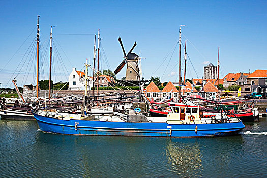 荷兰,西兰岛,船,港口,风车,背景
