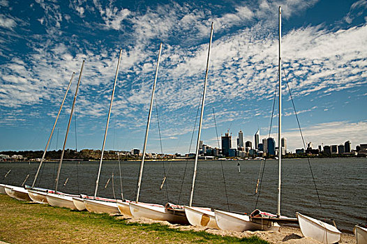 停泊,帆船,城市天际线,维多利亚,公园,佩思,西澳大利亚