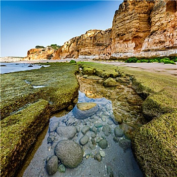 石头,悬崖,波尔图,海滩,早晨,拉各斯,阿尔加维,葡萄牙